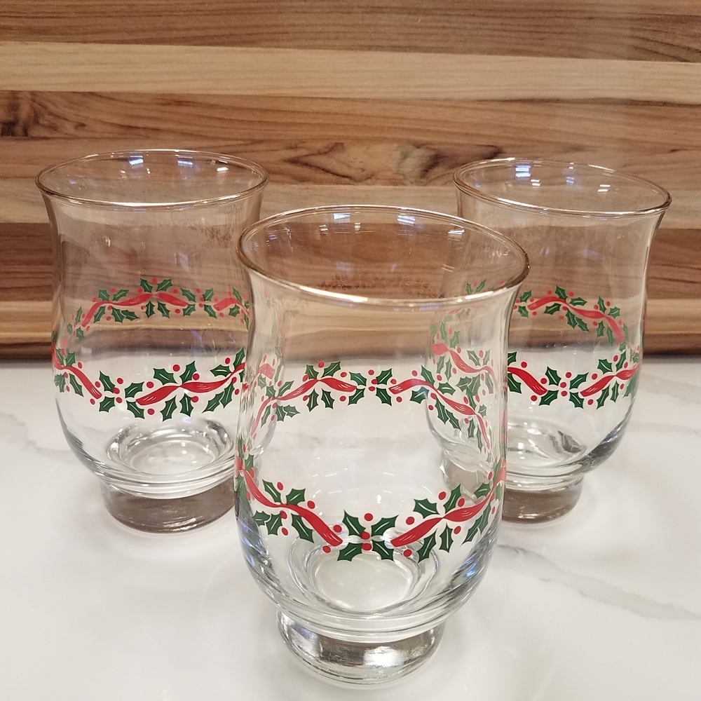 COPY - Libbey Holly glasses, red, green, and gold rimmed, set of 3